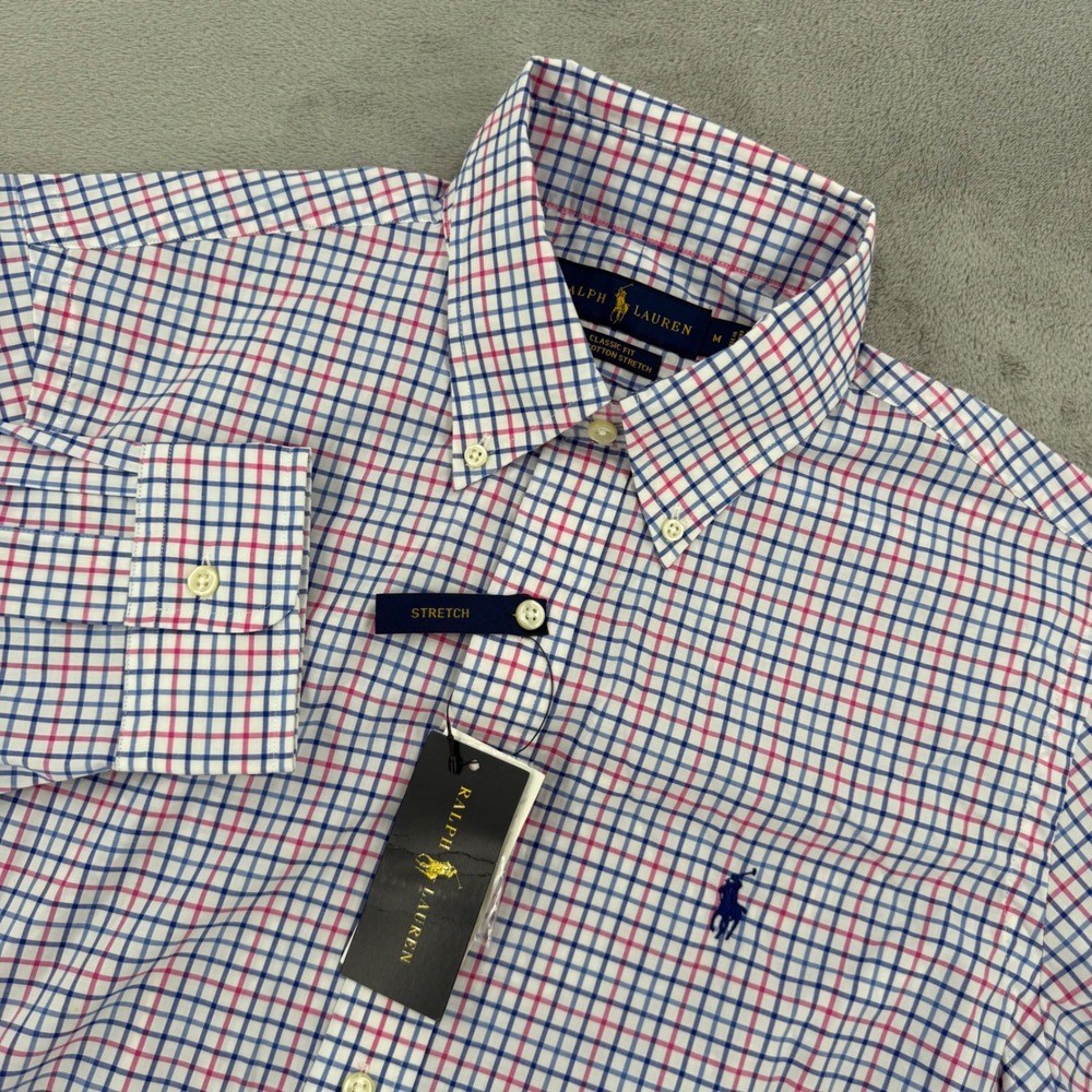 Polo Ralph Lauren Mens M Classic Fit Stretch Plaid Shirt 100% Cotton Stretch